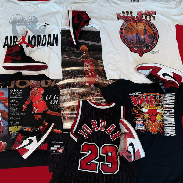 Collection of sports-themed t-shirts and posters featuring basketball and Jordan branding.