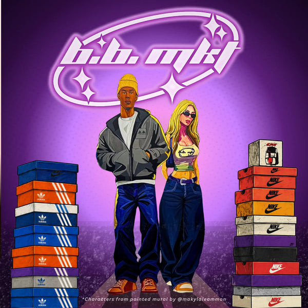 Cartoon characters standing between stacks of Adidas and Nike boxes with 'B.B. Market' logo above.